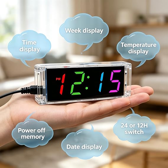DIY Electronic Digital Clock Kit Soldering Practice LED Time Display with Case, Adjustable Brightness, Ideal for STEM Learning and Hobbyists