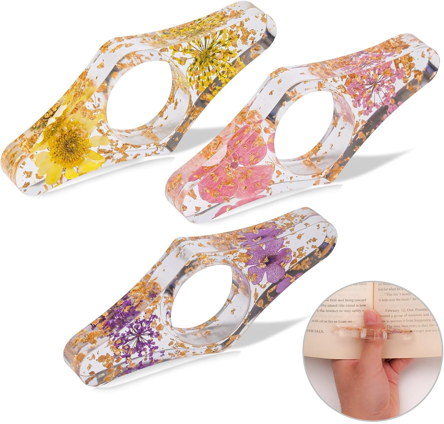 3 Pieces Book Page Holder-Dried Flower Resin Thumb Book Holder-Handmade Resin Holders Light Weight Book Opener Bookmarks Book Reading Accessories for Teachers Book Lovers (Stylish Style)