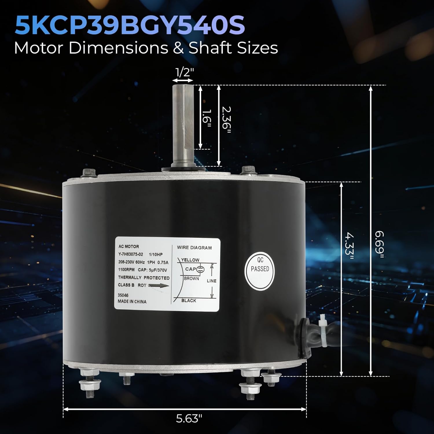 5KCP39BGY540S Condenser Fan Motor, 1/10HP 208-230V 1100 RPM, Replaces for GE Genteq 5KCP39BGU996AS, 3S046, Fit for Carrier HC33GE235A HC33GE235