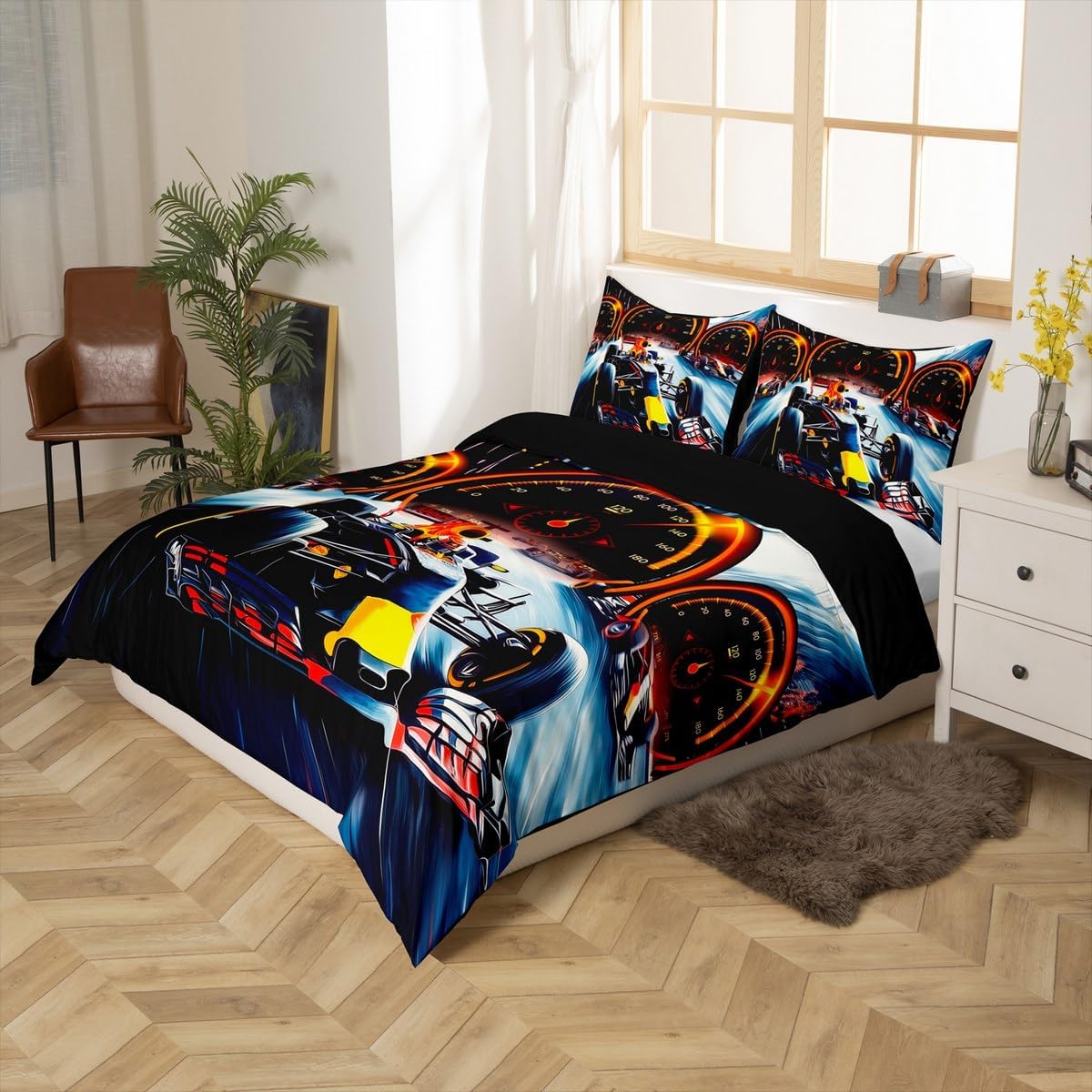 Formula Race Car Duvet Cover Set King Size Modern Extreme Sports Bedding Set 3pcs for Kids Teens Racing Dashboard Print Comforter Cover Cool Speed Car Quilt Cover,2 Pillowcases(Not Comforter)