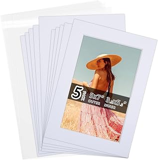 Acid Free 5 Pack 5x7 Pre-Cut Mat Board Show Kit for 4x6 Photos, Prints or Artworks, 5 Core Bevel Cut Matts and 5 Backing Boards and 5 Crystal Plastic Bags, White