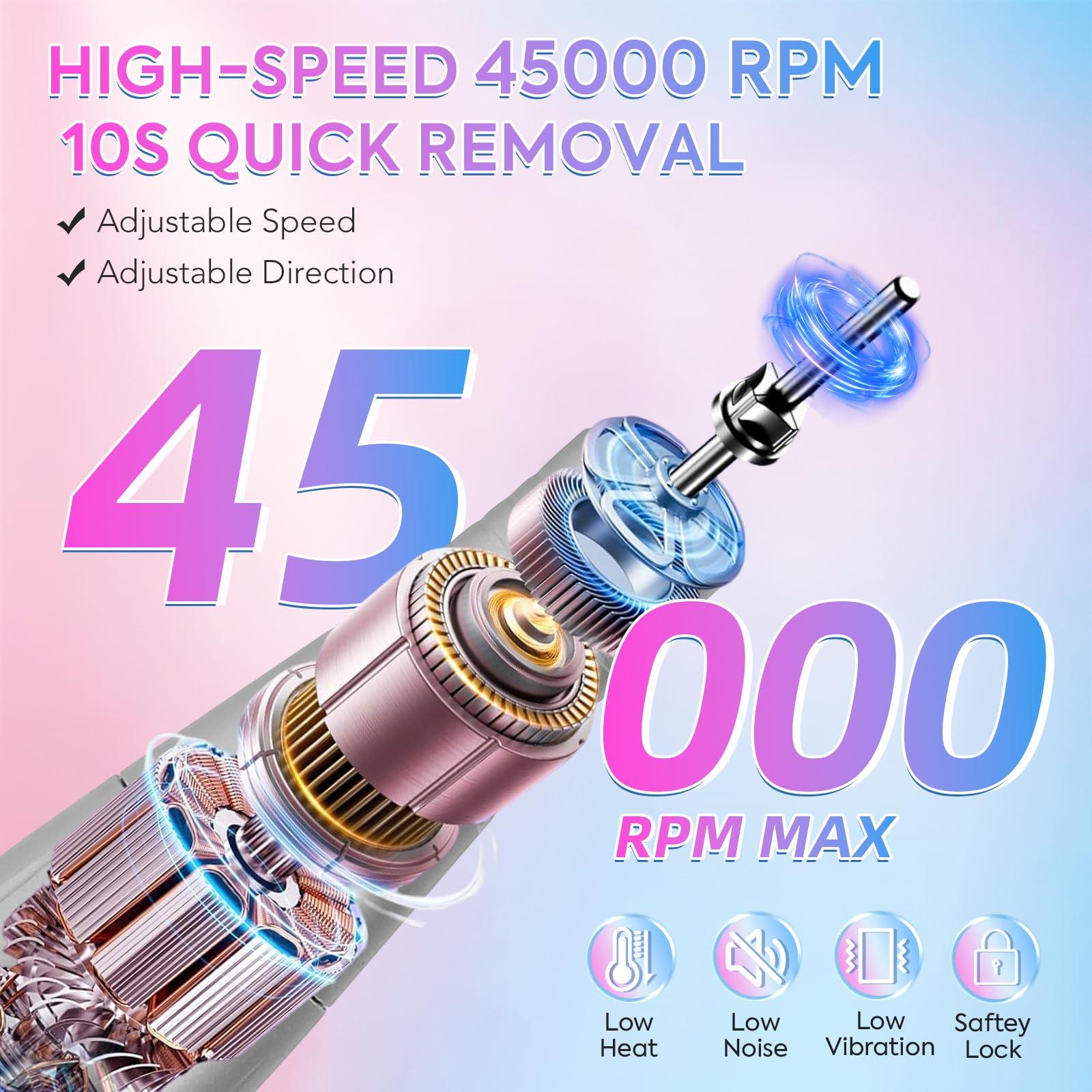 Taladro de uñas profesional, lima eléctrica portátil de 45000 RPM, taladro de uñas inalámbrico con kit de brocas y base, para uñas de gel acrílico, máquina de archivo E, pulido de manicura, para salón