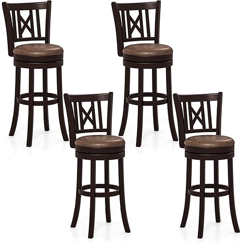 COSTWAY Bar Stools Set of 4, 30” Swivel Bar Chairs with Footrest, Rubber Wood Frame & Hollowed Backrest, Leathaire Bar Height Stools, Padded Counter Stools for Kitchen Island & Pub(4, 30'')