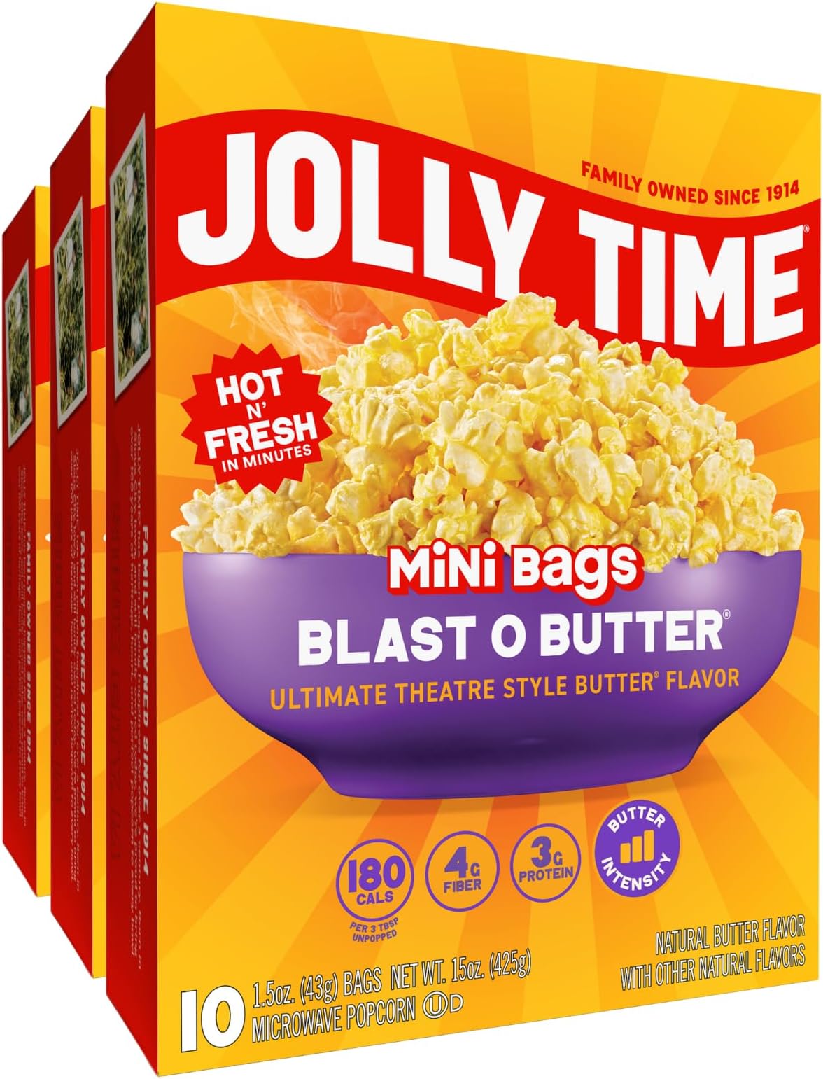 Blast O Butter, Ultimate Movie Theater Butter Microwave Popcorn, 1.5oz Personal Bag, 10 Bags Per Carton (Blast O Butter Minis, 1.5 Ounce (Pack of 30))