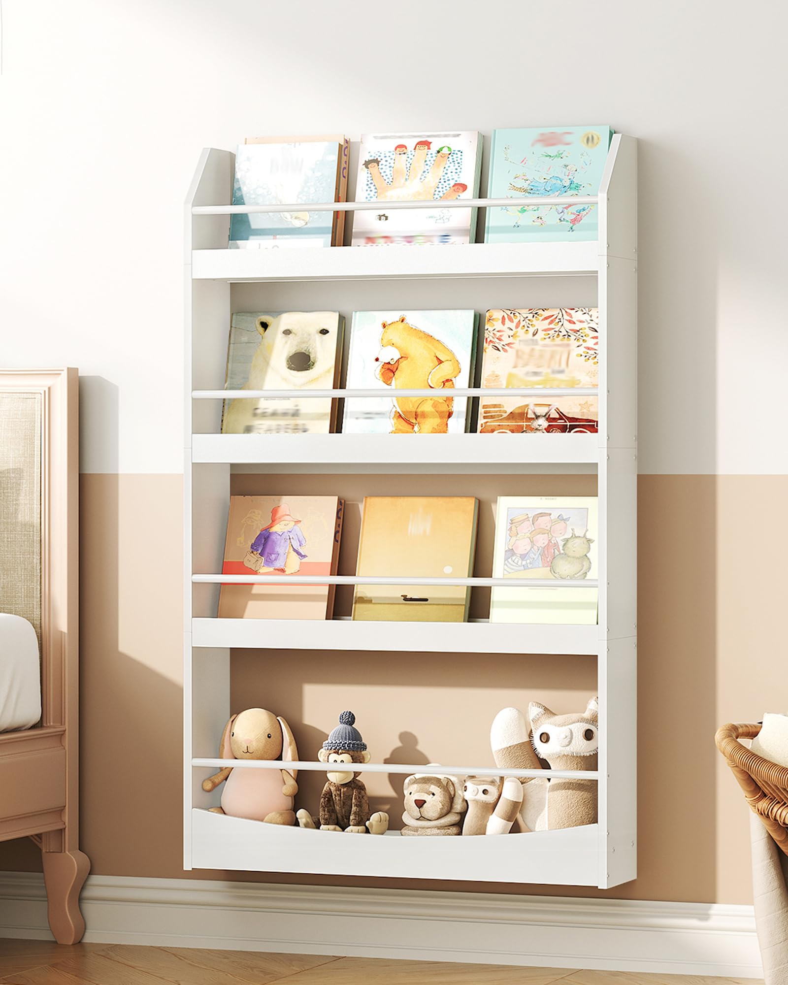 CHOEZON Kids Bookshelf, 23.6 Inch Wall Mounted Bookshelf, 4-Tier Nursery Book Shelves, Book Shelf for Kids Room, Bedroom, Living Room, Playroom, White