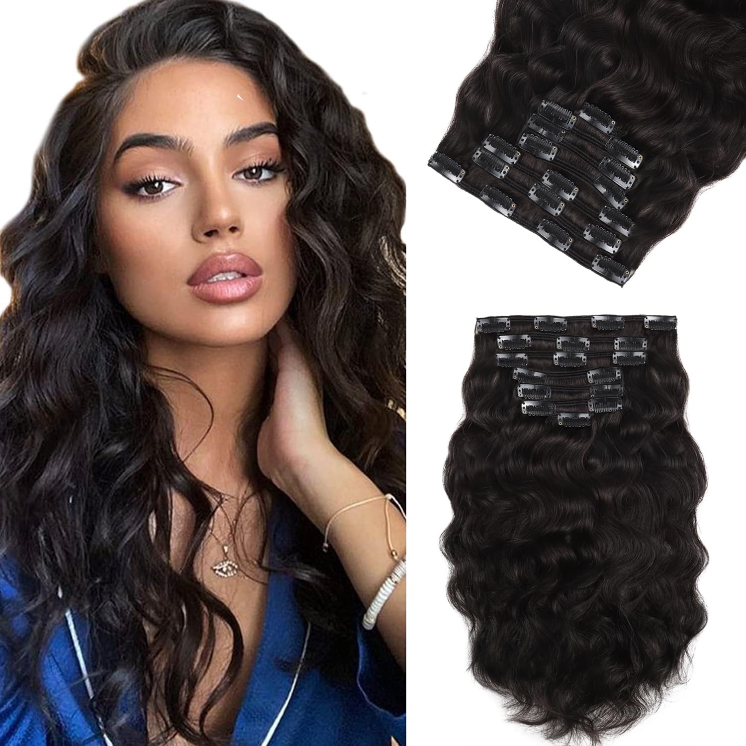 Loxxy Clip in Human Hair Extensions #1B Natural Black and Natural Wave Real Human Hair Extensions 14inch Double Weft with 17 Strong Clips Per Pack