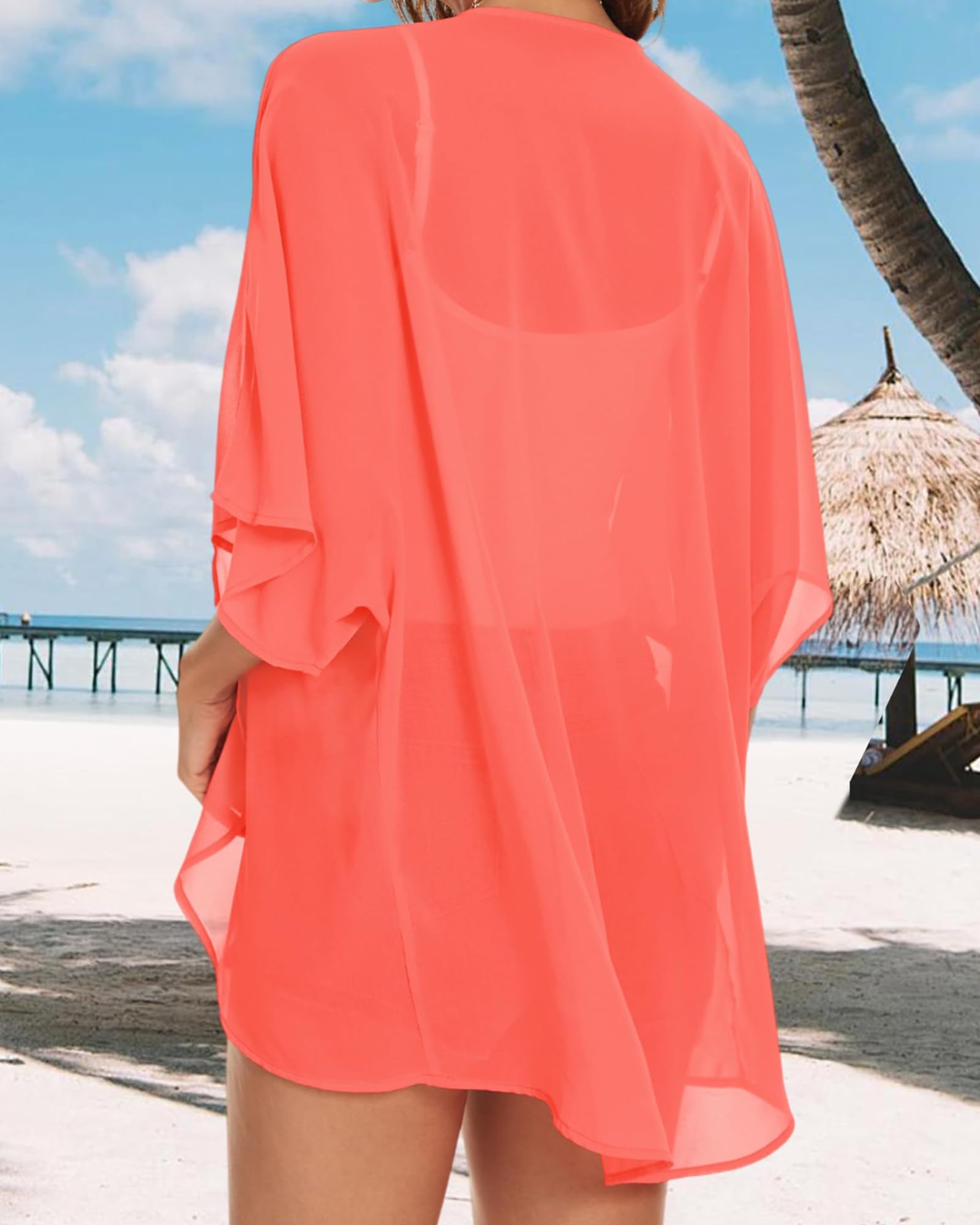 Damskie kimono, plażowe, szyfon, kardigan, kwiaty, topy, luźne peleryny, 1-koralowy, 3XL