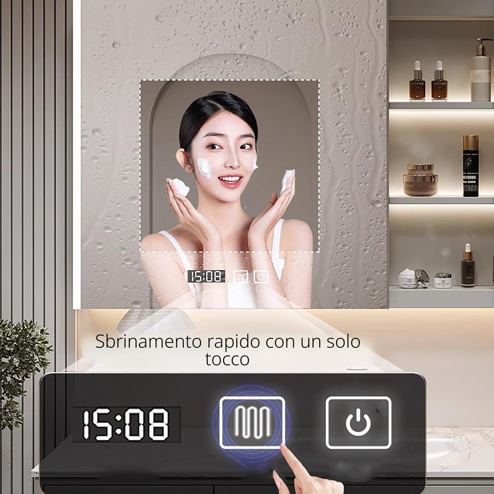 Specchio Da Bagno Con Luce LED, Mobile Bagno Con HD Specchio, Armadietto Da Parete In Alluminio Con Contenitore, Contenitore In Legno Massello(70CM/27.5IN)