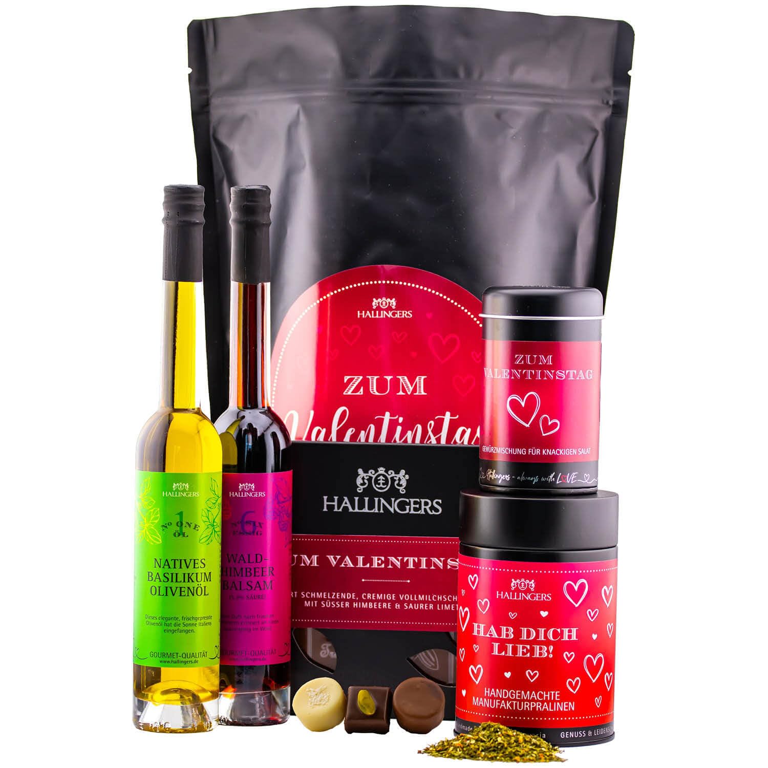Hallingers Genuss Manufaktur Feinkost Valentinstagsgeschenk-Set - XXL-Wundertüte "Zum Valentinsta..." großer Liebesgruß Pralinen, Gewürz, Olivenöl, Himbeeressig & Schokolade, Valentintstag für Frauen