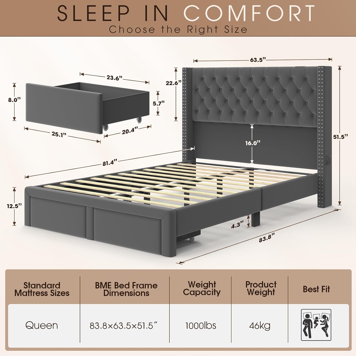 Velvet Queen Bed Frame with Headboard, Storage, LED Light, Charging Station, Gray, Medium Density Fibreboard, Modern Style, 51.5in H x 83.8in L x 63.5in W, 550lb Weight Capacity