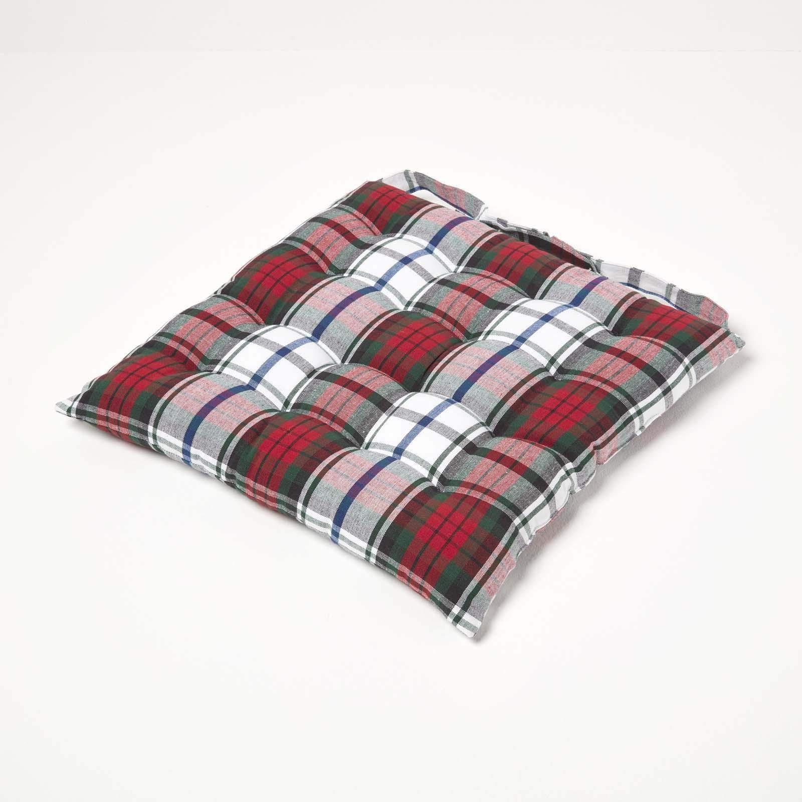 HOMESCAPES Cuscino quadrato per sedia 40 x 40 cm, set di 4 cuscini per sedia trapuntati in cotone, plaid scozzese rosso