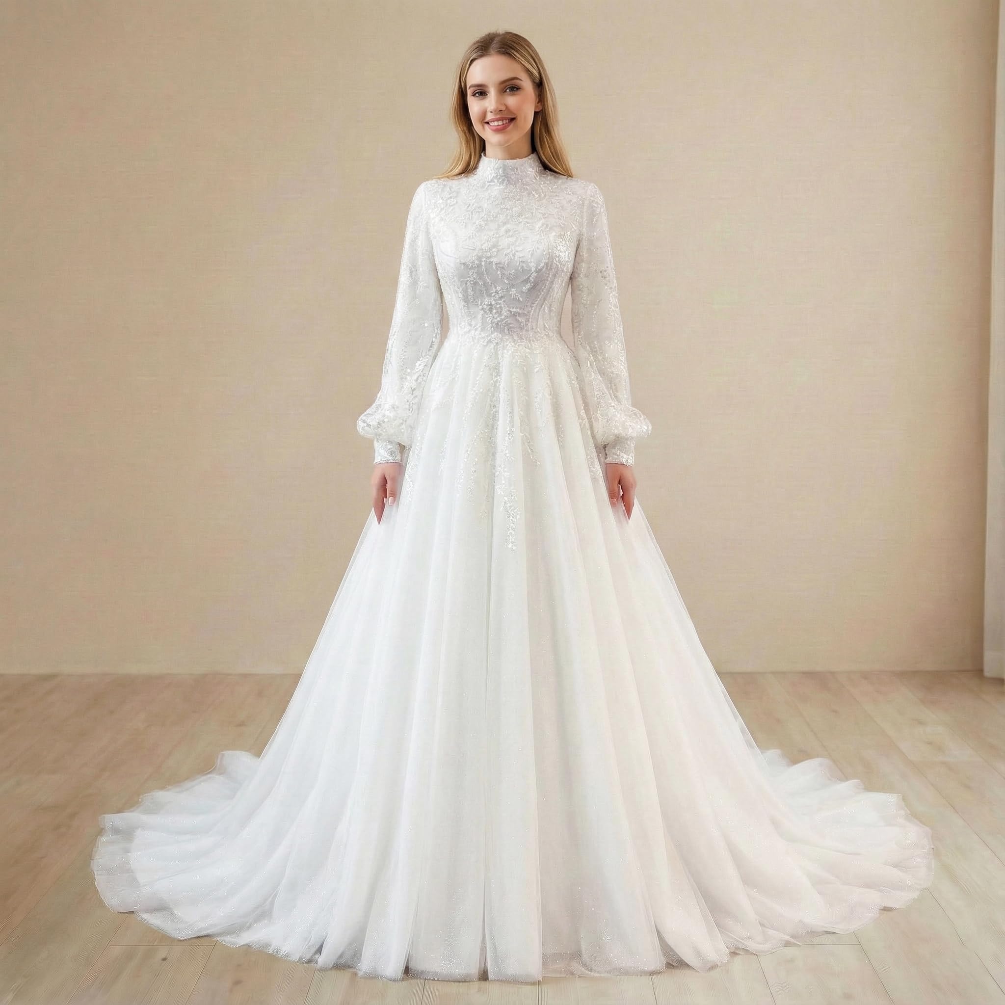 Robe de mariée Musulmane à Manches Longues Robe de Mariage Modeste à Perles pour la mariée Musulmane BA-MU1246