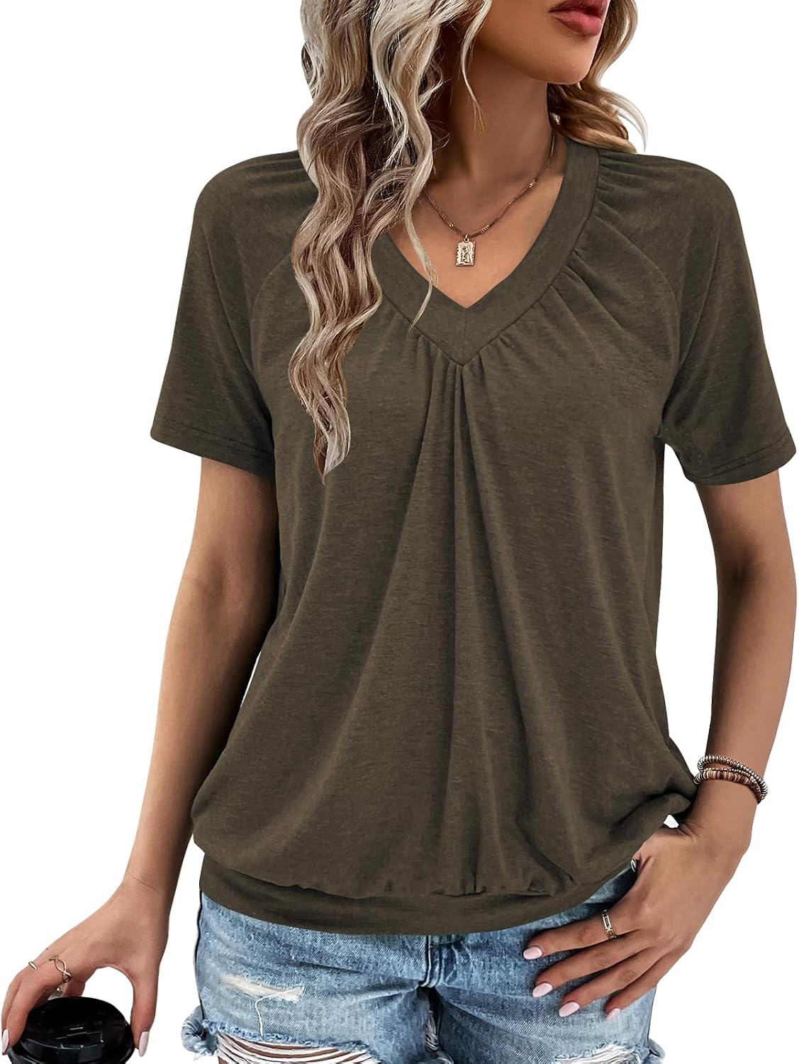 Gihgoew Summer Tops for Women 2025 Shorts Sleeve Womens Tops,V Neck Soft Casual Loose Fit Ruched Top T Shirts Tee Clothes