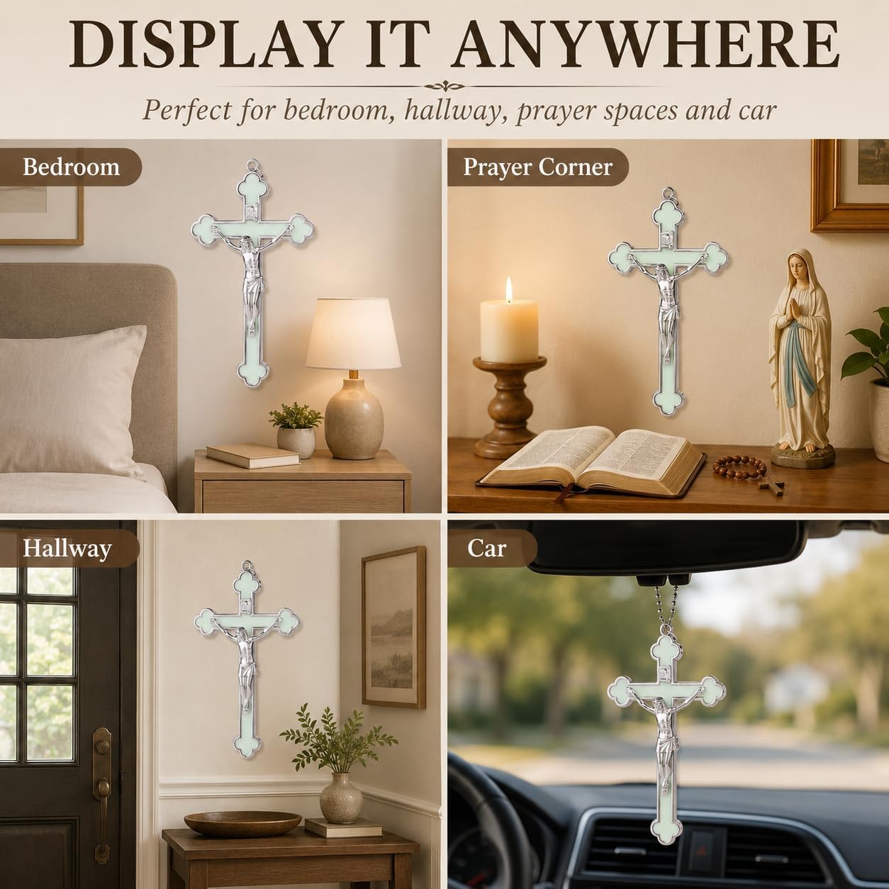Crucifix Wall Cross, Glow Green Metal Crucifix Christian Wall Art, 5 Inch Cross Decor for Home, Bedroom or Car, Religious Gift Ornament