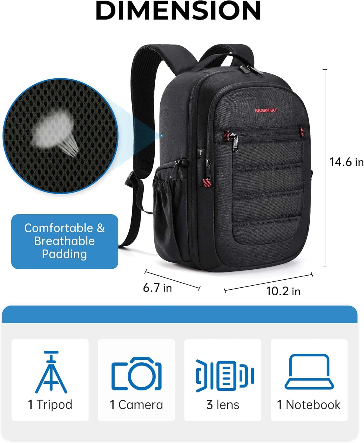 BAGSMART Camera Bag for DSLR, Waterproof Camera Backpacks for Photographers, Camera Case with Laptop Compartment-14 Black