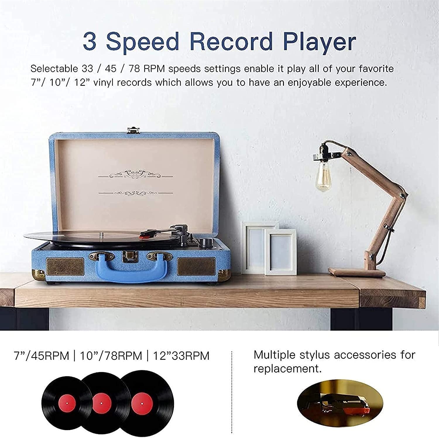 Giradischi in Vinile Bluetooth Giradischi a 3 velocità Valigia Vintage Giradischi LP con Altoparlanti Stereo Trasmissione a Cinghia Portatile Nostalgico Fonografo Registrazione USB