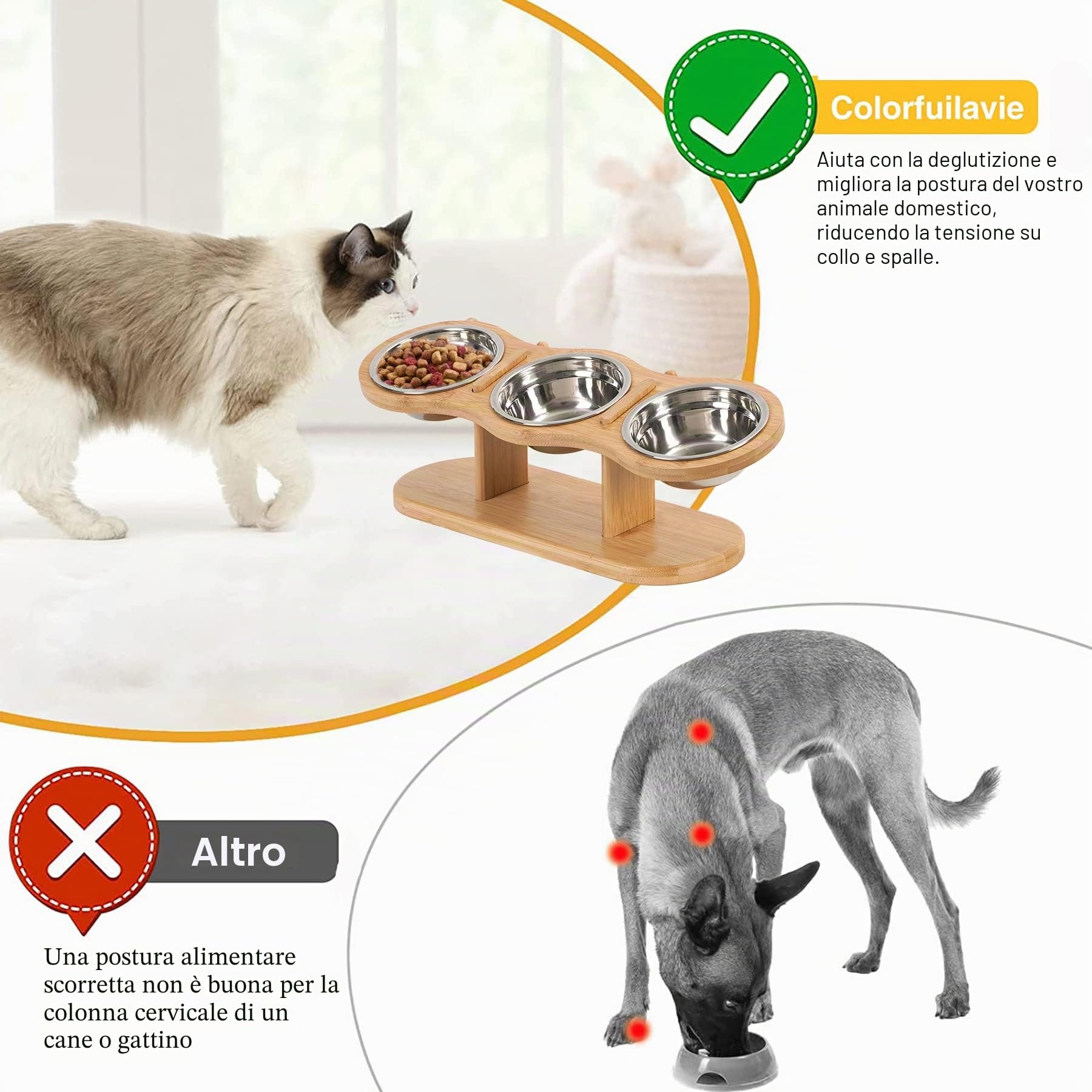 Ciotola per Gatti Rialzata, Set da 3 con Supporto in Acciaio Inox Regolabile in Altezza