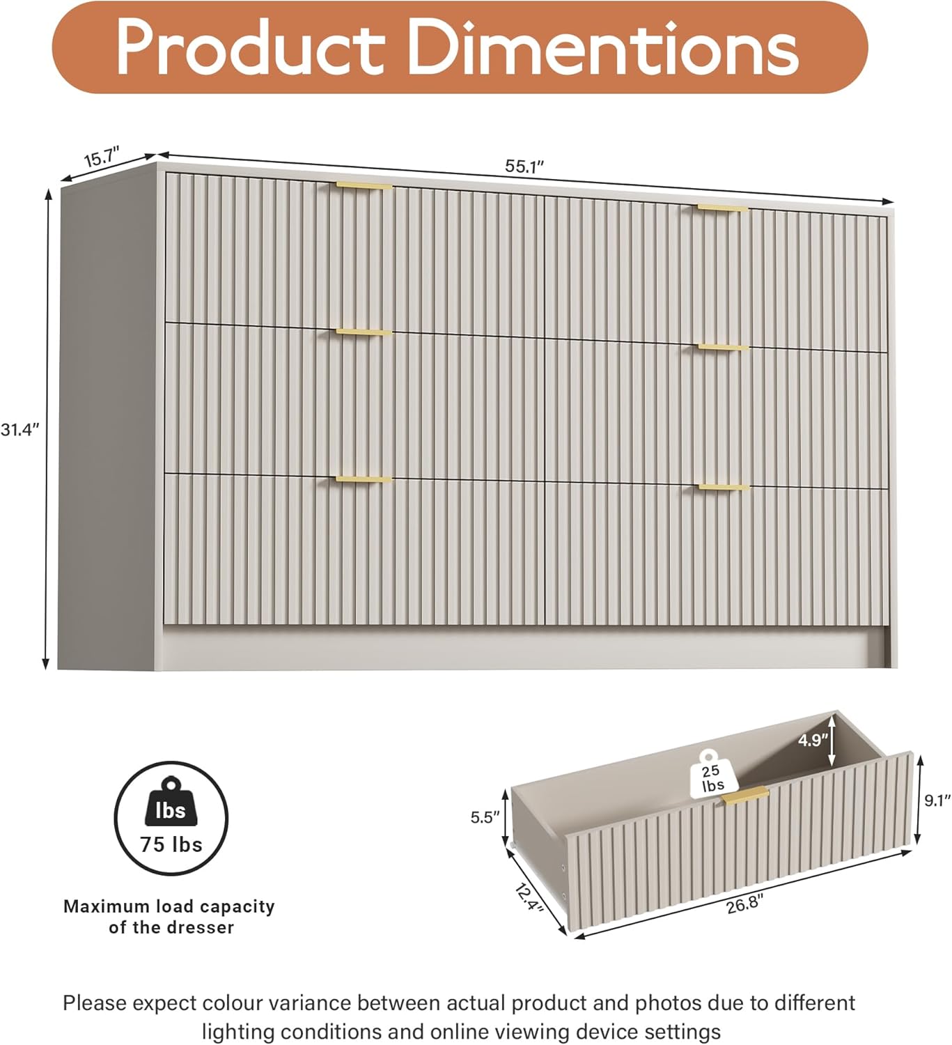 Beige Dresser for Bedroom, Modern Dresser with 6 Drawers and Smooth Slides, Wide Chest of Drawers with Golden Handles for Bedroom, Living Room, Closet, 15.7" D x 55.1" W x 31.4" H - Image 2