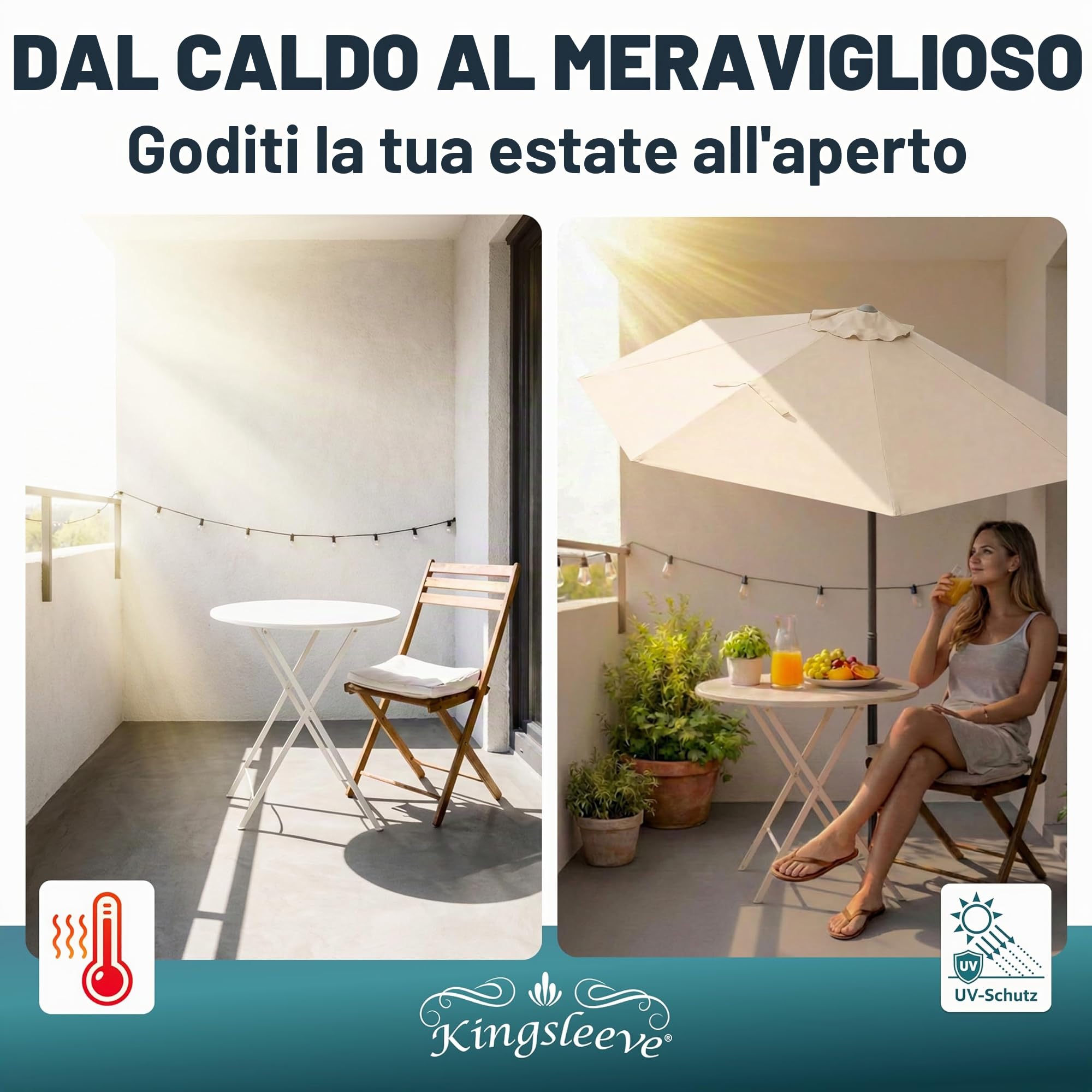 Kingsleeve Ombrellone Mezzaluna a Parete Muro Ø2,7m x 2,3m H manovella UV40+ Idrorepellente Giardino Balcone terrazza Crema
