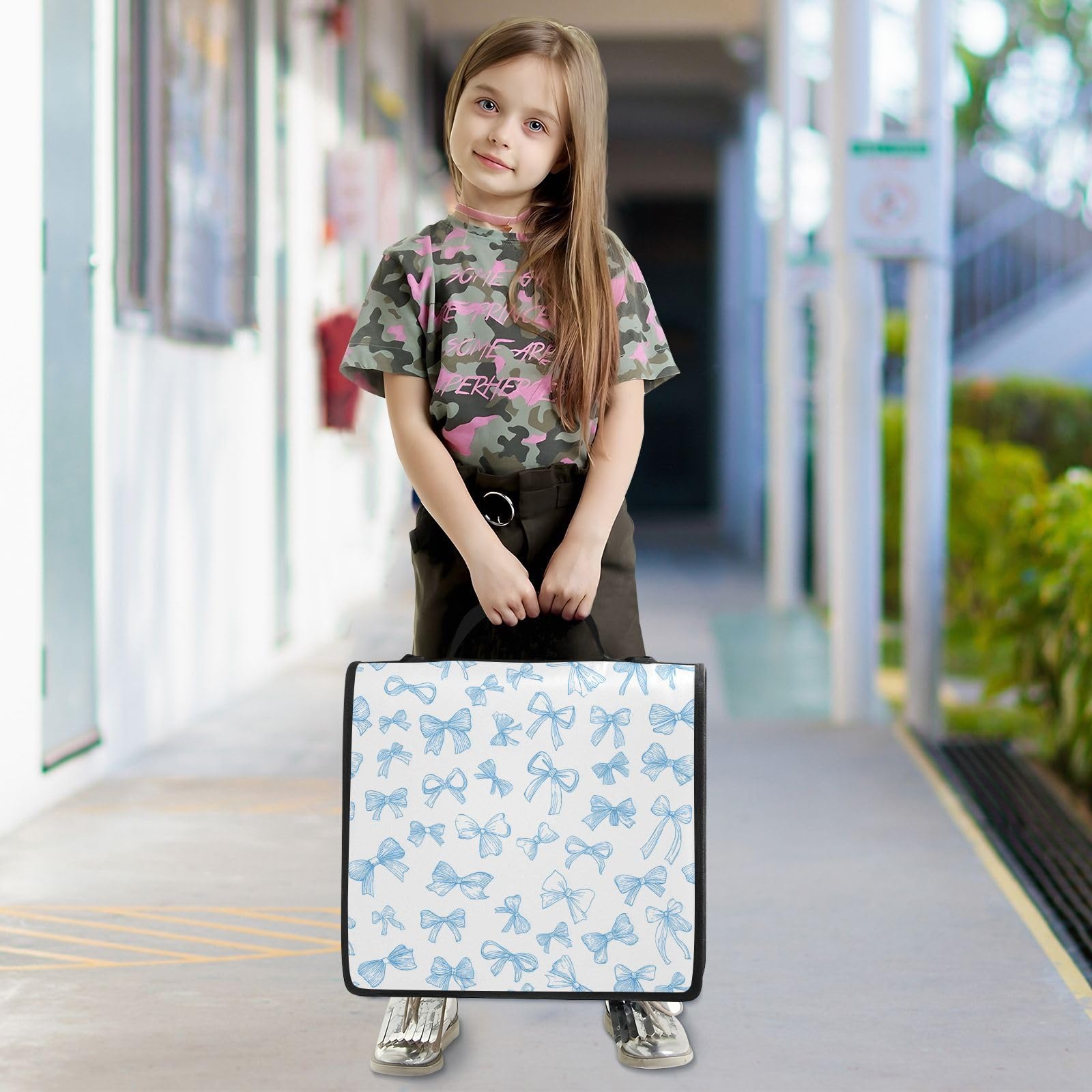 Aslsiy Raccoglitore con cerniera Coquette Nastro Blu 3,8 cm 3 Anelli Raccoglitore Organizzatore Fiocco Acquerello con Tracolla per Scuola Forniture per Ufficio