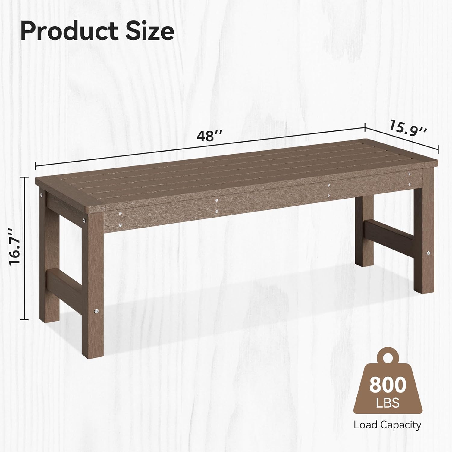 48" HDPE Outdoor Bench, All-Weather & Fade-Resistant 2-Person Garden Bench, Low Maintenance Patio Bench for Garden, Porch & Patio,Brown