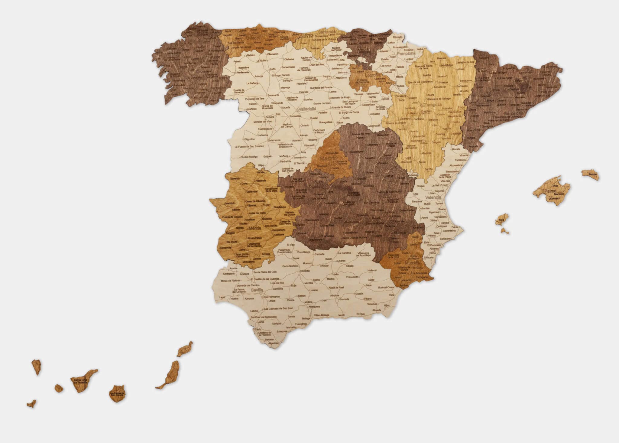 Mapa de madera 2D de España - Mapa de varias capas, madera teñida multicolor, nombres grabados, decoración de pared para su oficina, sala de estar, pasillo (98 x 80 cm)