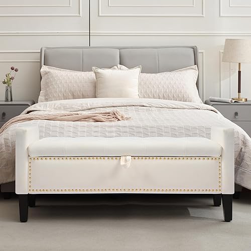 Miniatura 10 de Otomana de Terciopelo con Almacenamiento, Banco Tapizado con Botones Capitoné de 45'' al Final de la Cama con Brazos, Banco de Almacenamiento