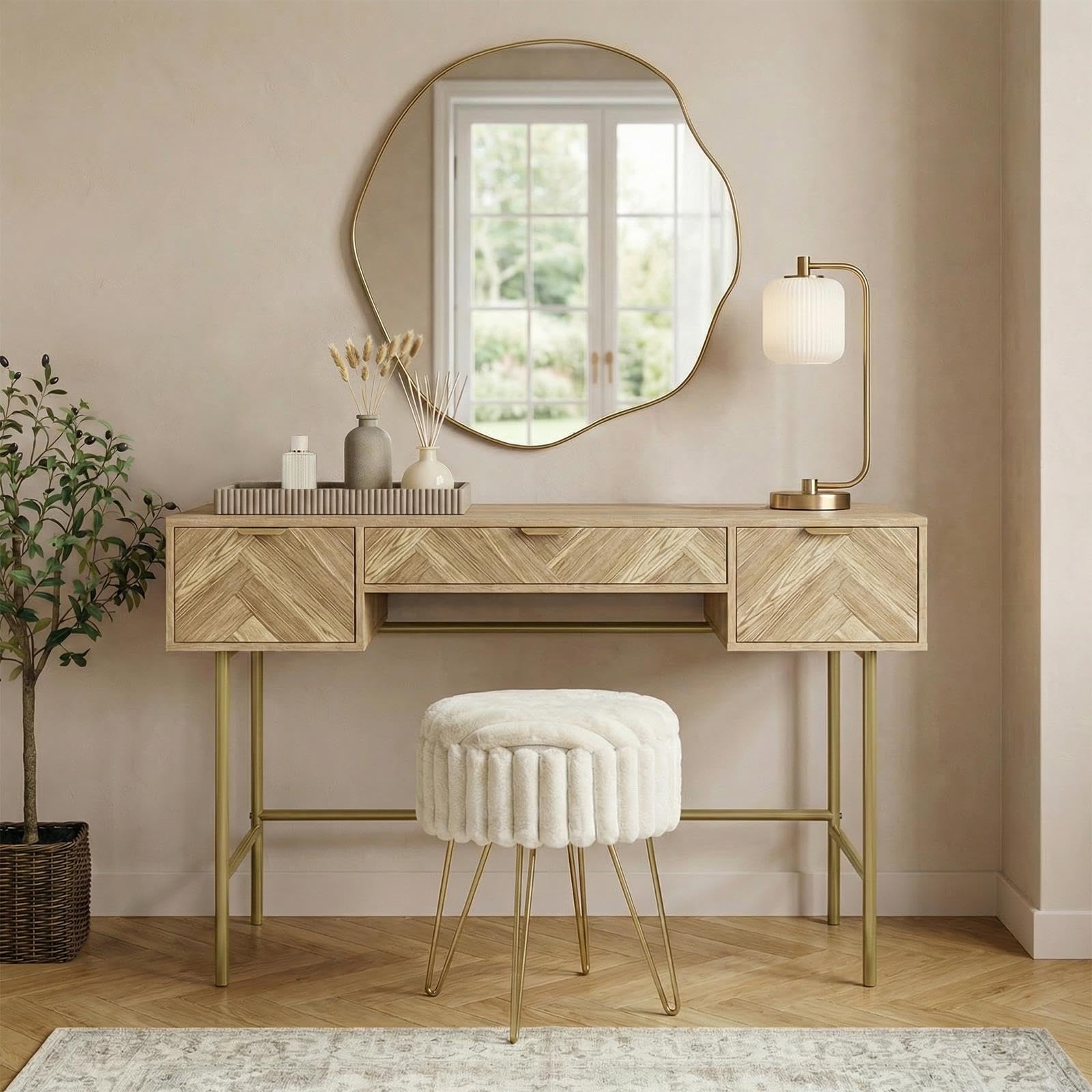 OHS Dressing Table, Chevron Wooden Vanity Table with 3 Drawers Decorative Drawer Organiser with Gold Metal Frame Modern Makeup Desk for Bedroom, Light Wood - 110 x 35 x 75cm