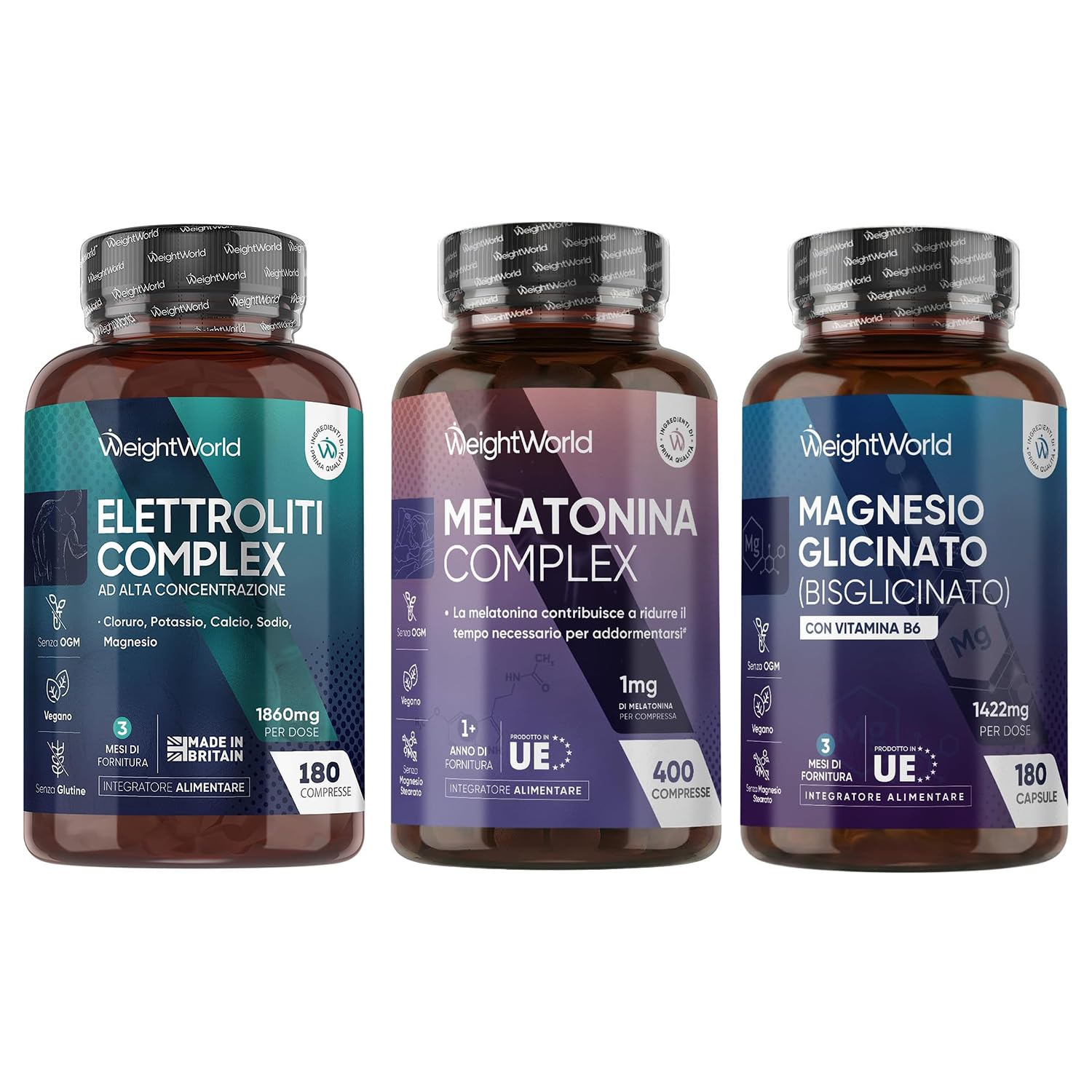 Elettroliti Vegani, Melatonina Complex 1mg e Magnesio Bisglicinato Bundle