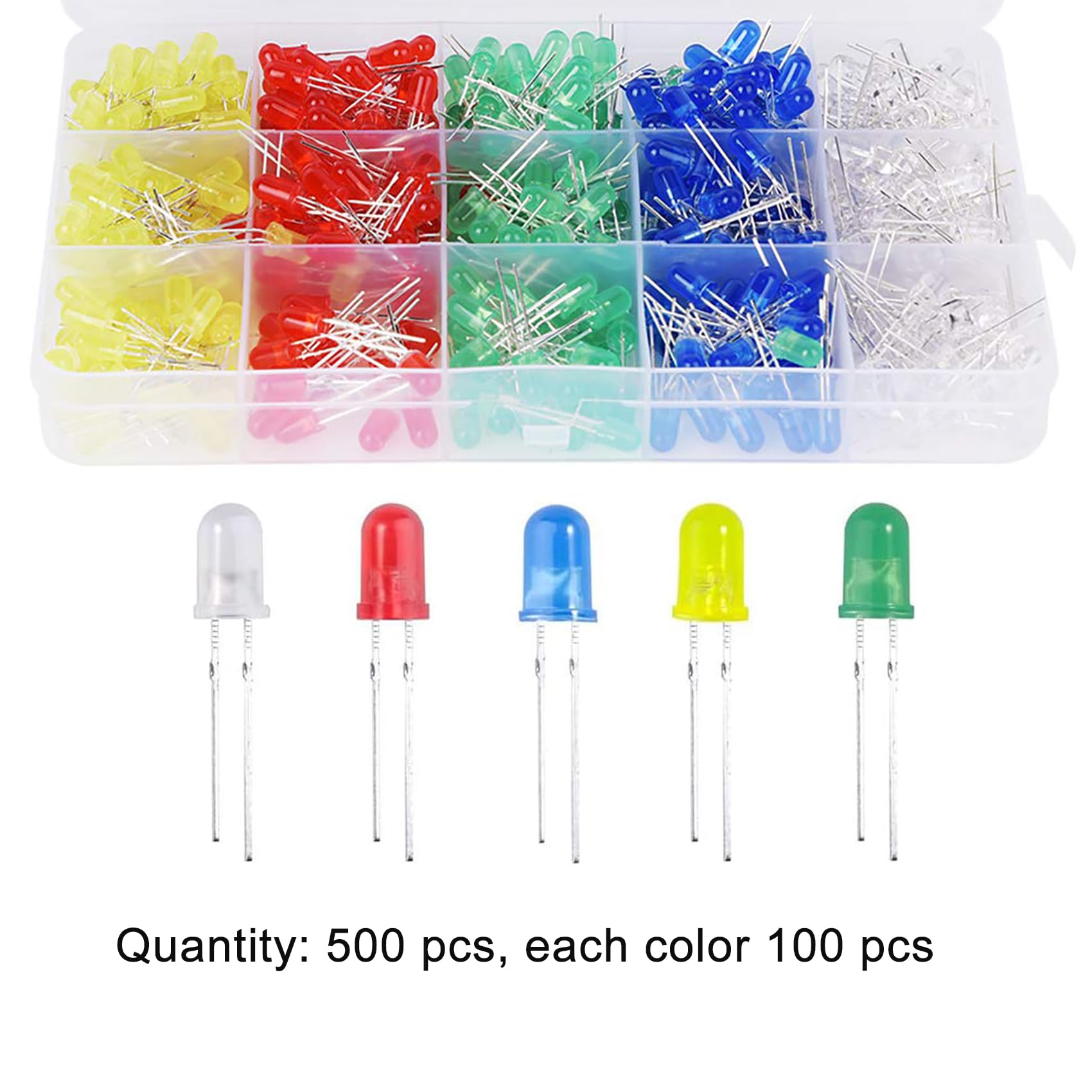 5mm LED Diodo ad Emissione Luminosa Kit Assortimento 500 Pezzi Bianco Rosso Giallo Verde Blu