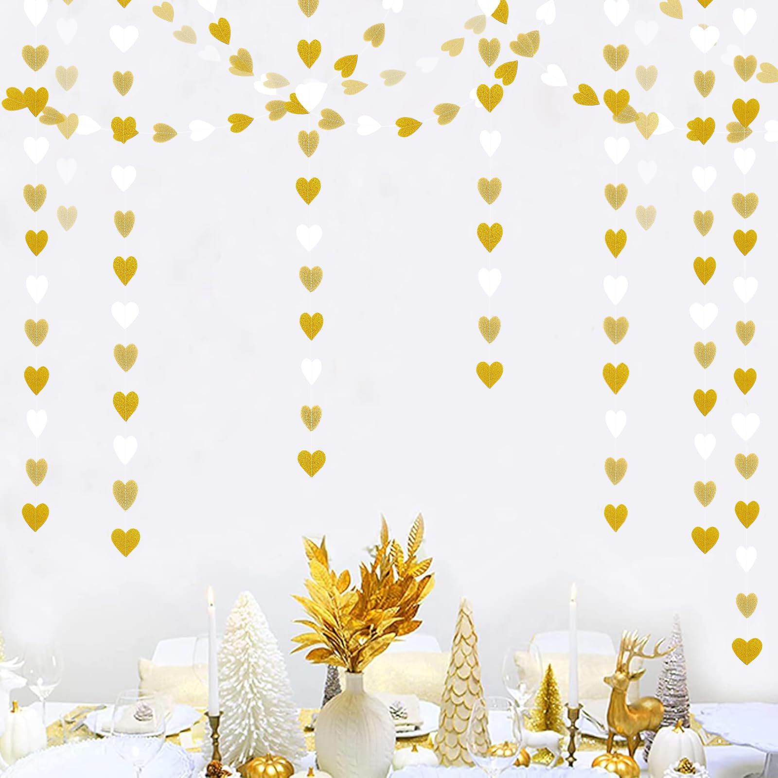Decoraciones de fiesta de compromiso, decoración de fiesta de champán blanco y dorado, guirnalda de serpentinas de corazón, pancarta de papel colgante de 52 pies, pancarta de papel colgante