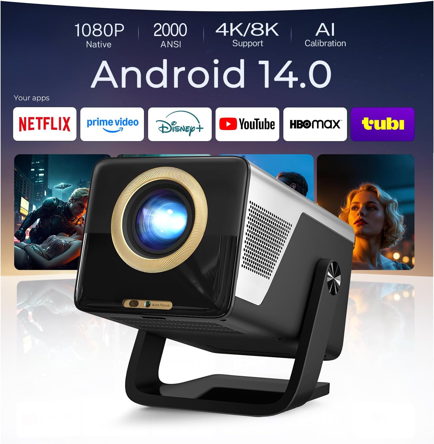 [8K 4K Support/2000 ANSI/AI Visual Calibration] Native 1080P UHD Projector with Android 14 OS, Gold X7 Smart Projector with Hi-Res Audio,Auto Focus&Keystone,WiFi Bluetooth,200" Screen for Home Outdoor