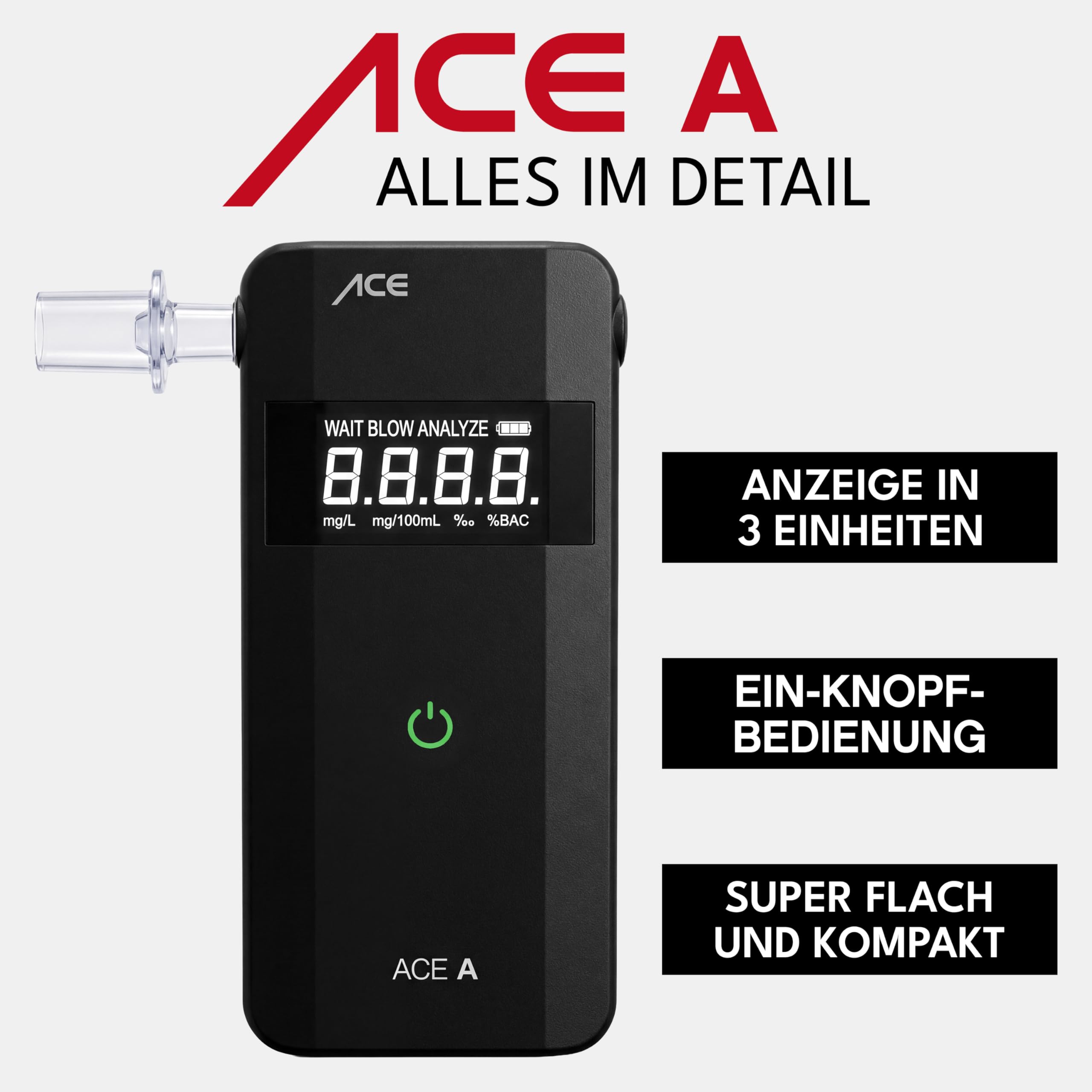 ACE A Alkotester digitaler Alkoholtester mit elektrochemischem Sensor Schwarz