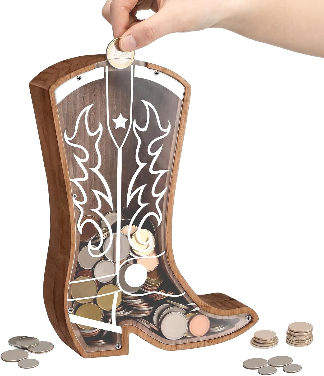 Remerry Wooden Piggy Bank Large Western Cowboy Money Box Clear Wood Coin Box Unbreakable Saving Money Jar Personalized Creative Gifts for Birthday Christmas Western Home Decor
