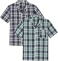 Latuza Men's 2-Pack Cotton Button-Down Pajama Tops - Breathable Sleep Shirts with Notch Collar, Chest Pocket