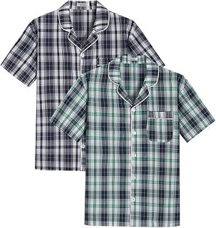 Latuza Men's 2-Pack Cotton Button-Down Pajama Tops - Breathable Sleep Shirts with Notch Collar, Chest Pocket