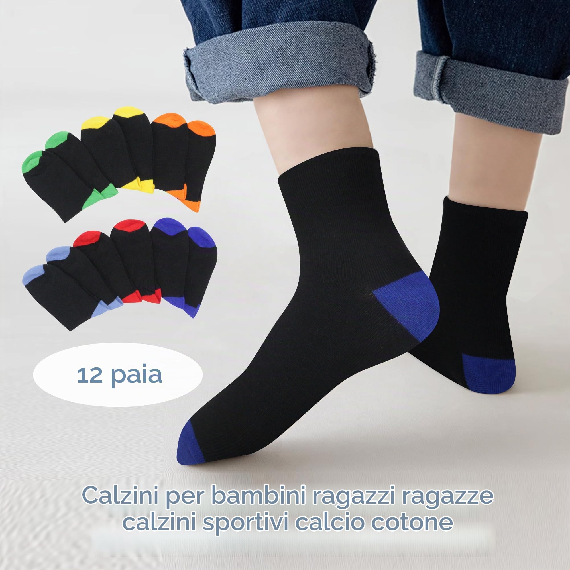 Uizuooy Calzini Bambini Calcio Cotone 12 Paia | Calzini Colorati in Puro Cotone per Bambini,Traspiranti,Calzini da Tennis, Adatti a Tutte le Attività Scolastiche