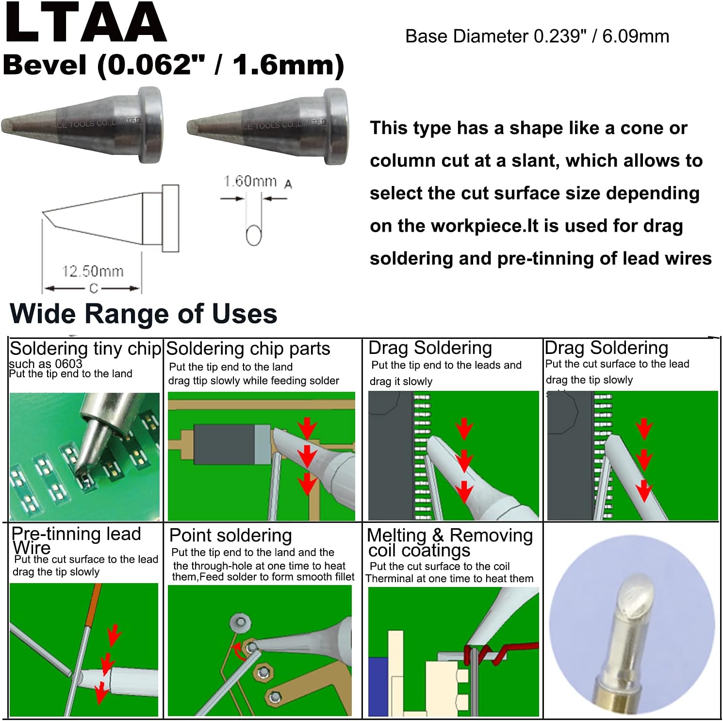 LTAA Bevel Single Flat 0.062" / 1.6mm Soldering Tip for WXP80 WSP80 WP80 WP120 MPR PE75 TCPS WSFP8 WD1000 WSD81 WSD121 WR2002 WR3000M WS81 WD2000 ACE Brand Solder Iron Tips (20)