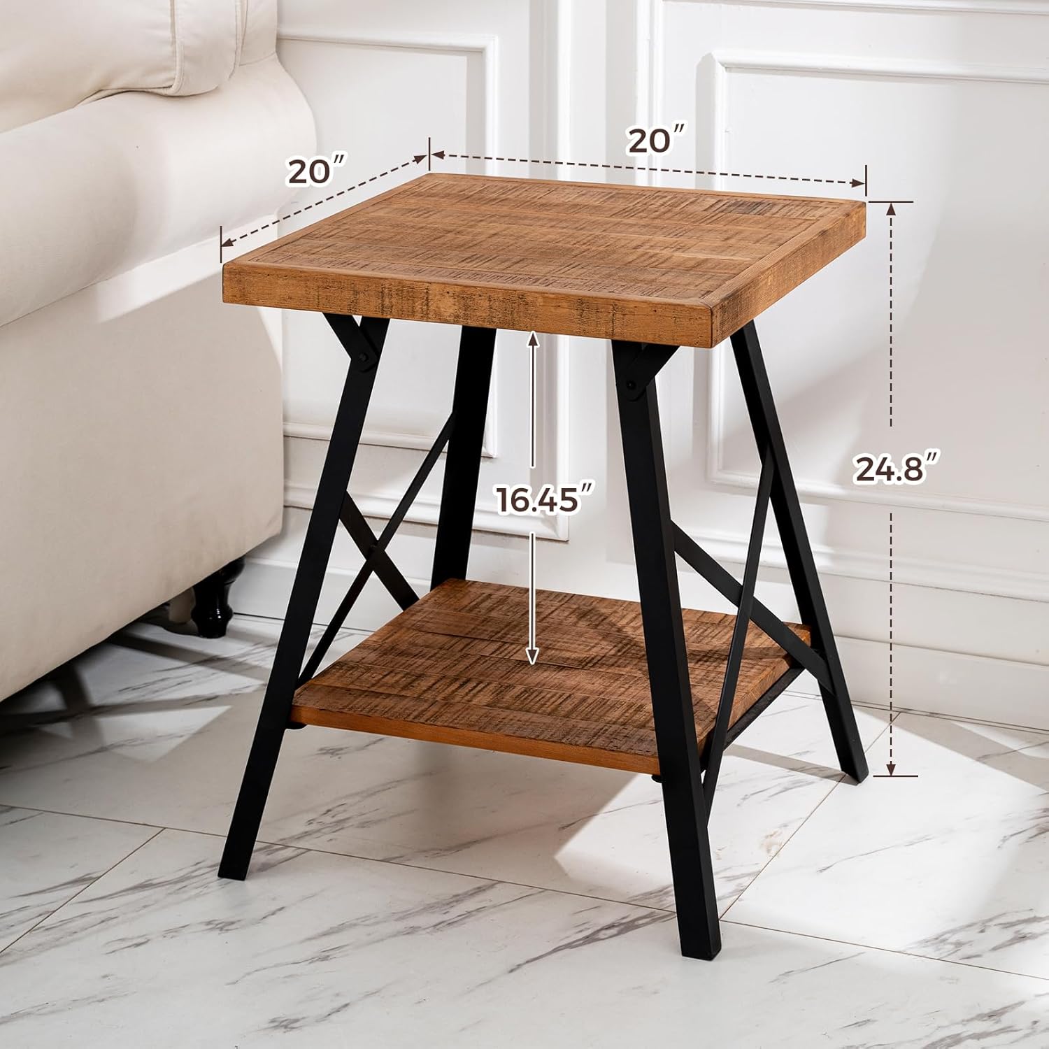 Solid Wood End Table, 2 Tier Square Side Table with Storage Shelf, Solid Pine Top, Sturdy Metal Legs Nightstand for Small Spaces, Living Room, Bedroom, 20 x 20 x 24.8 in, Rustic Brown