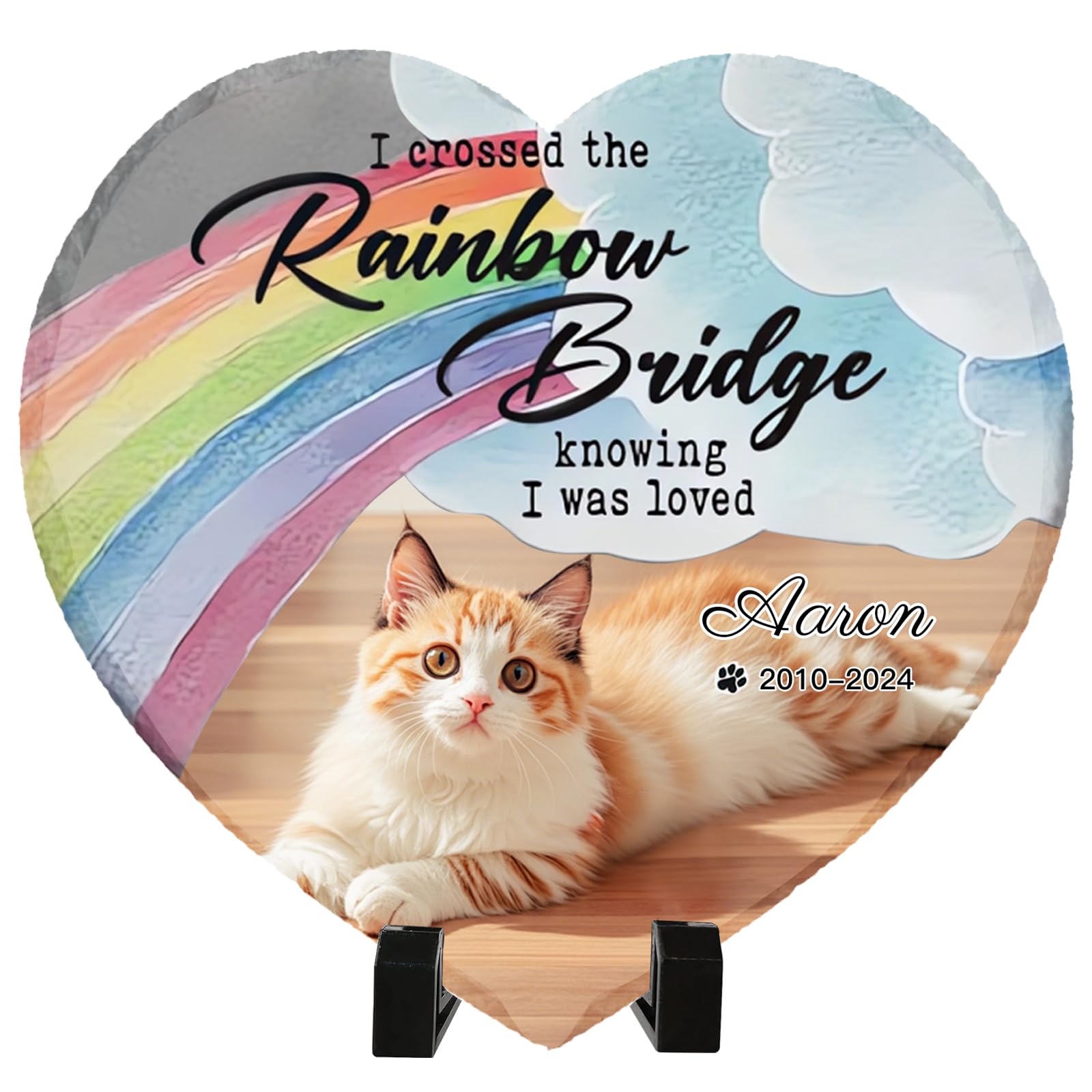 Umitive Custom Pet Memorial Stone - Personalized Cat Grave Marker with Name & Photo - Sympathy Gifts for Loss of Beloved Pet - Cemetery Decor - Rainbow Bridge Memorial for Cats (Style A)