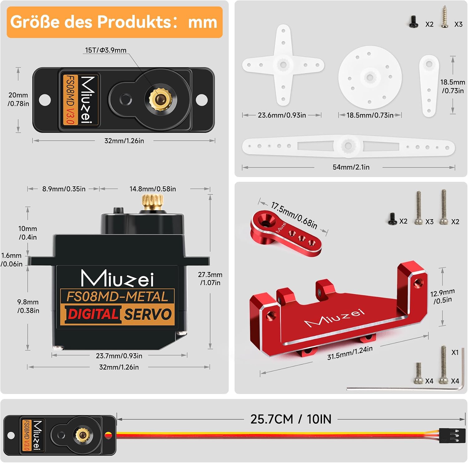 Miuzei 12g Micro RC Servo Dimensions and Mounting Parts