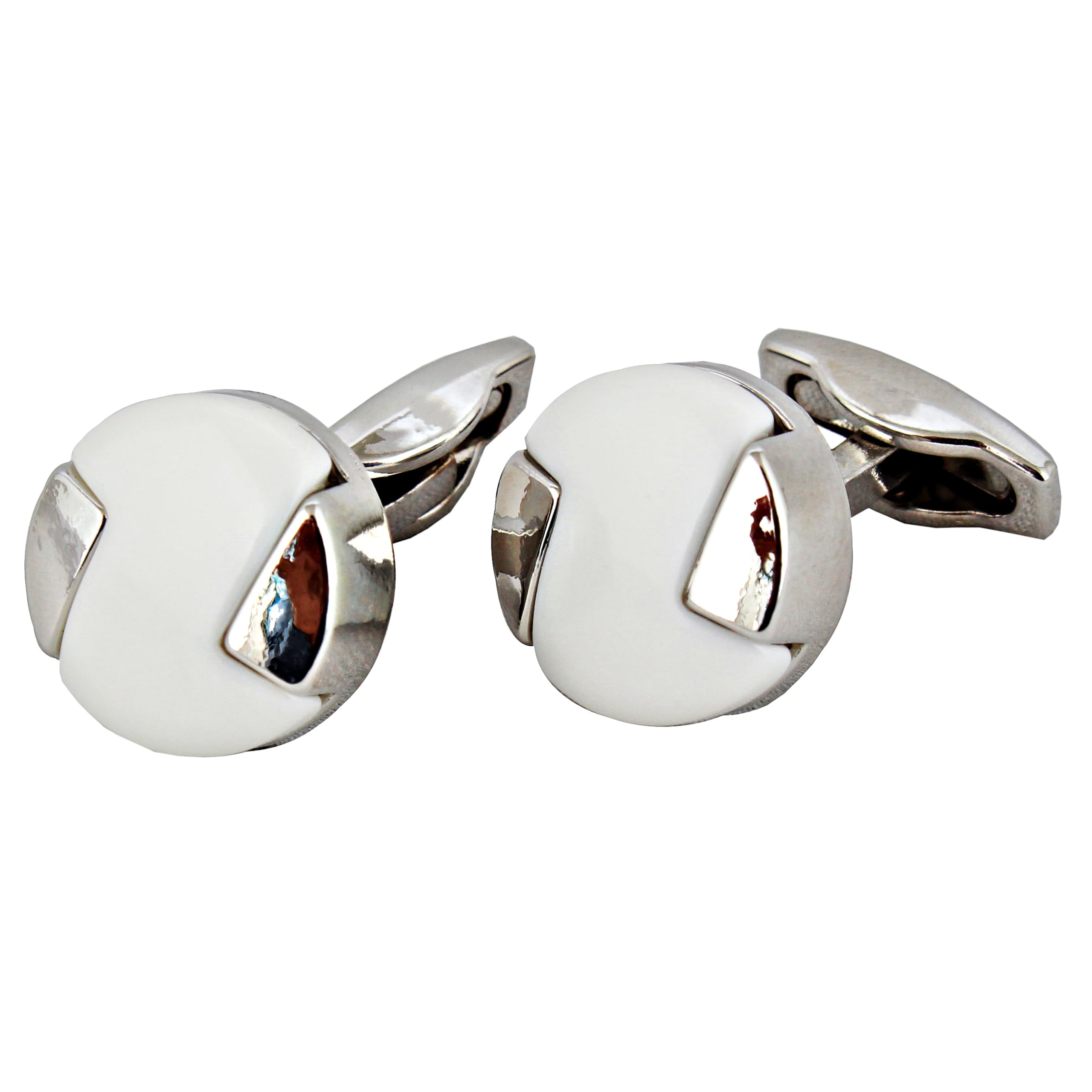 Unique Men Jewelry Silver Plated White Color Round Sleeve Button Formal Cuff Button Wedding Shirt Button, Suit, Blazer Cufflinks Pair Gift Set for Men (300-CHC4-1008-W-S)-image-30
