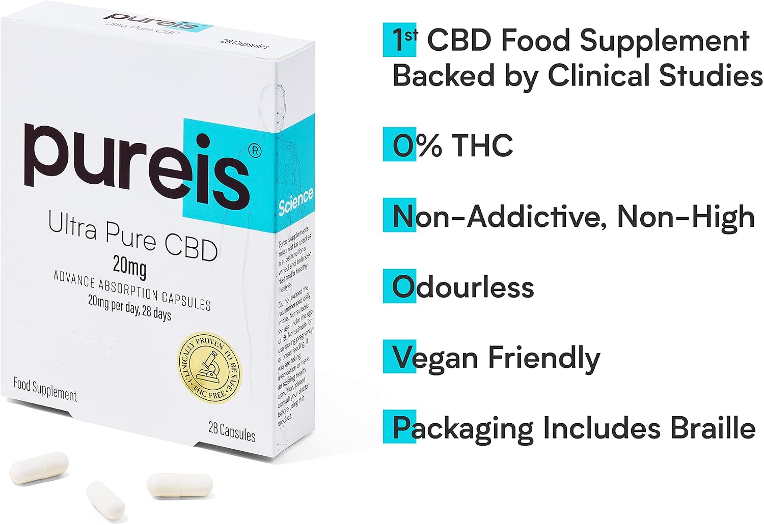 PUREIS Ultra Pure CBD Advanced Absorption Capsules, Odourless, 20mg per Day, 28 Days - Image 3