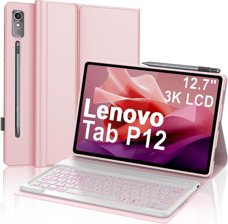 SENGBIRCH Lenovo Tab P12 12,7" Tok Billentyűzettel Bluetooth Világítás Rózsaszín