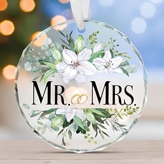 Horaldaily Engaged 2025 Glass Ornament - Mr and Mrs Gifts Lily Eucalyptus Round Decor - Hanging Ornaments Decor for Tree, Holiday Presents, Gift Exchange Ideas
