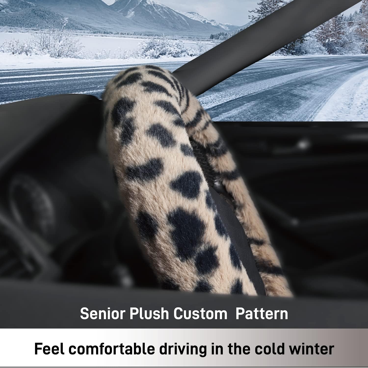 Road Comforts Leopard Plush Steering Wheel Cover for Winter, Made with Flurry Microfiber, Universal Fit 14 1/2 to 15 inches Steering Wheel Cover, Soft Fuzzy Warm Steering Wheel Cover (Beige)