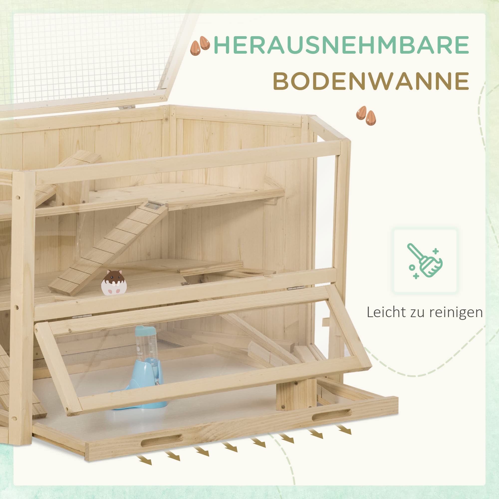 PawHut Gabbia per piccoli animali per roditori, con rampa, gabbia per topi apribile in alto, in legno di abete PS naturale, 115 x 60 x 55 cm