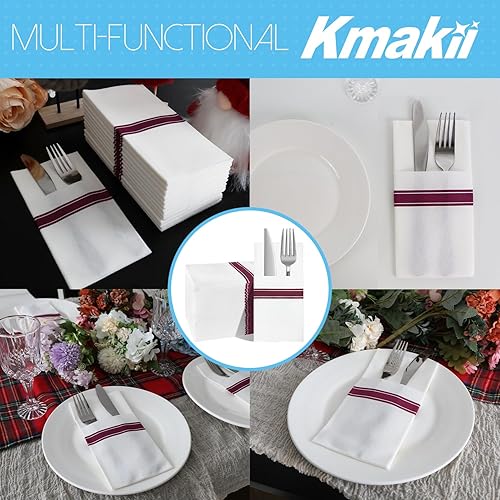 Miniatura 6 de KMAKII Servilletas desechables de papel con bolsillo integrado para cubiertos desechables para fiestas, bodas, eventos, tacto de lino, 16 x 16