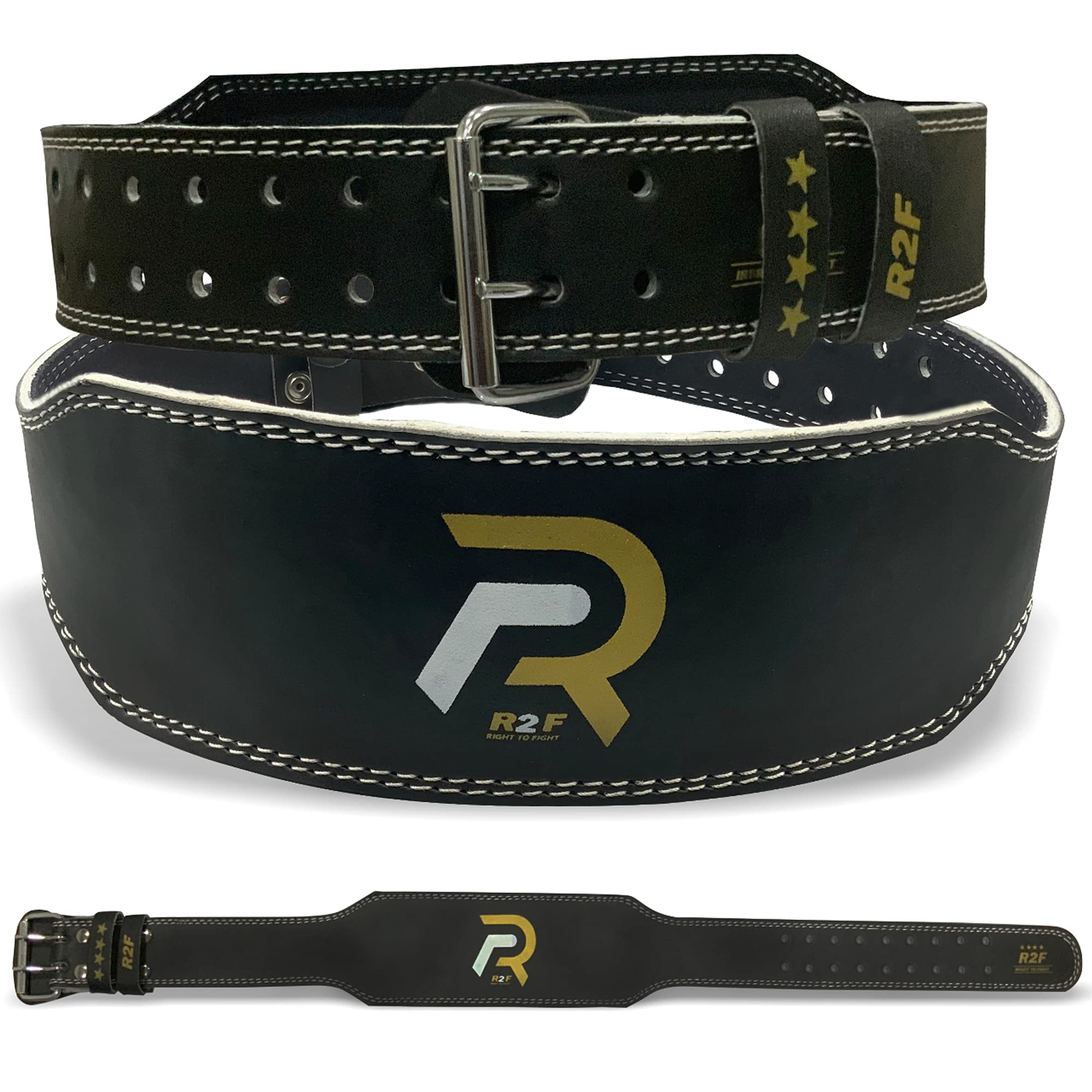 R2F Weight Lifting Belt Gym Workout, Cow Hide Leather 4’’ Padded Lumbar Back Support, 10 Adjustable Holes, Weightlifting Powerlifting Bodybuilding Deadlift Squat Workout