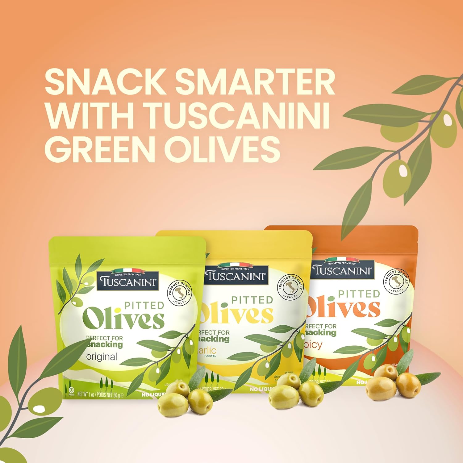 Tuscanini Italian Pitted Olive Snack Packs | Variety Pack | 1 oz (30 Pack) | Orignal, Garlic & Spicy Flavors | Convenient Olive Pouches for Snacking | Salad Topper | Gluten Free, Vegan, Keto Friendly | Pitted Olives | Great for Travel, Picnic and Office Snacks | Kosher